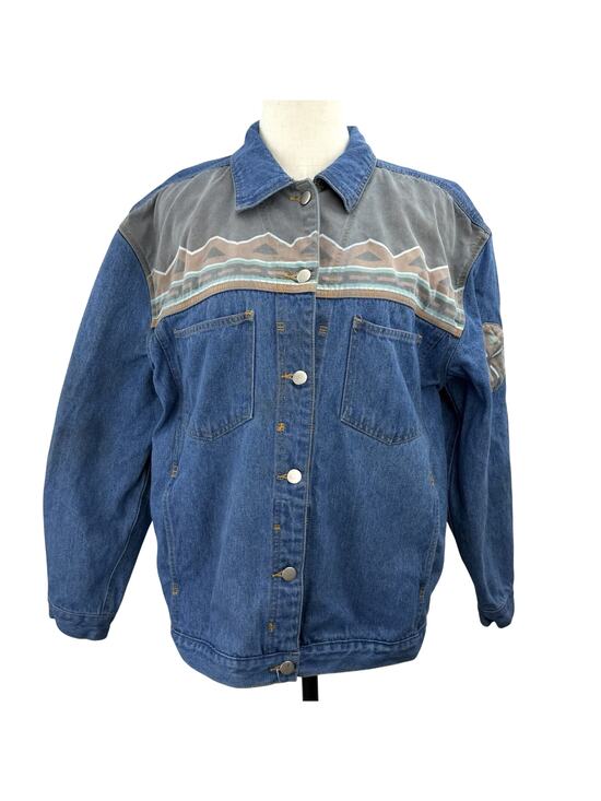 Boutique Europa Jackets & Blazers - Vintage 90s Europa Denim Jacket Medium Southwestern Aztec Yoke Cowgirl Boho